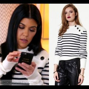 Boatneck, striped sweater with leather buttons